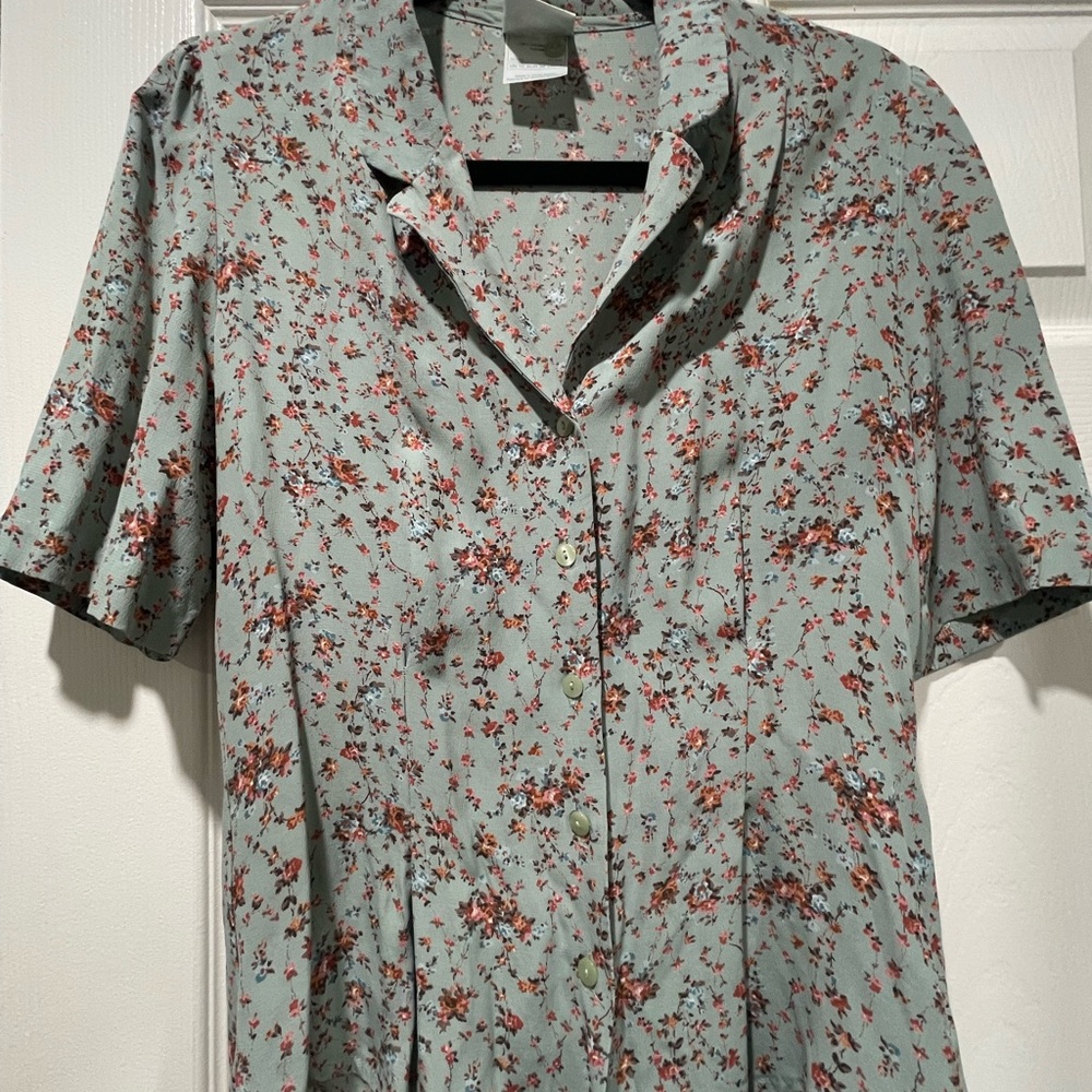 Laura Ashley Floral Button-Up Blouse - Green and Red